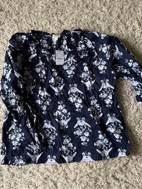 J. Crew Navy and White Floral Peasant Top